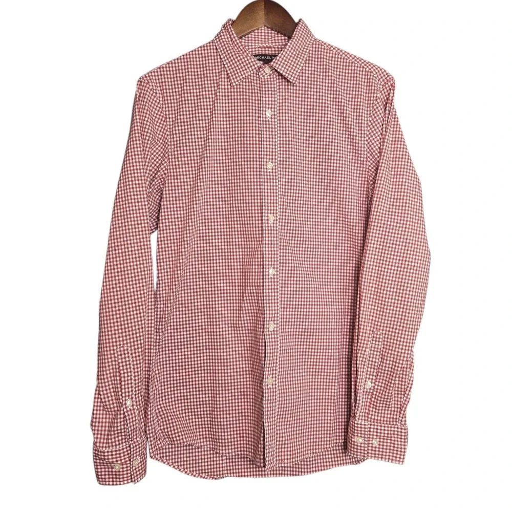 Michael Kors Mens Shirt Medium Red White‎ Gingham Check Trim Stretch Long Sleeve